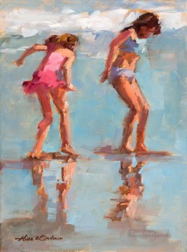 遊ぶ女の子のビーチで子供の印象派 Oil Paintings